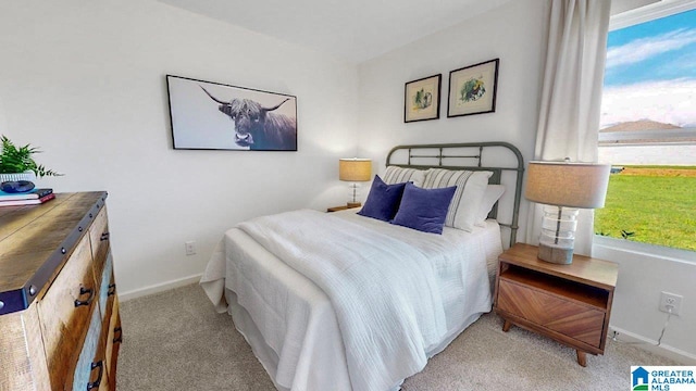 bedroom with baseboards and light carpet
