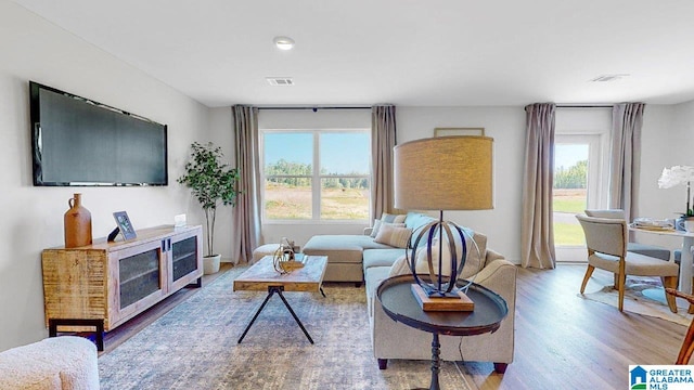 living room featuring wood finished floors and visible vents