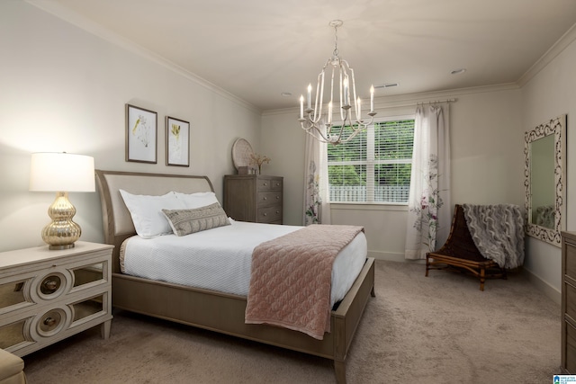 carpeted bedroom featuring crown molding, visible vents, a chandelier, and baseboards