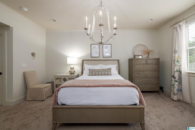 bedroom with ornamental molding, a notable chandelier, carpet, and baseboards