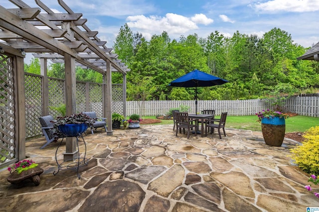 view of patio / terrace featuring a pergola, outdoor dining space, and a fenced backyard