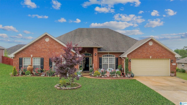 ranch-style house featuring brick siding, an attached garage, a front lawn, and concrete driveway