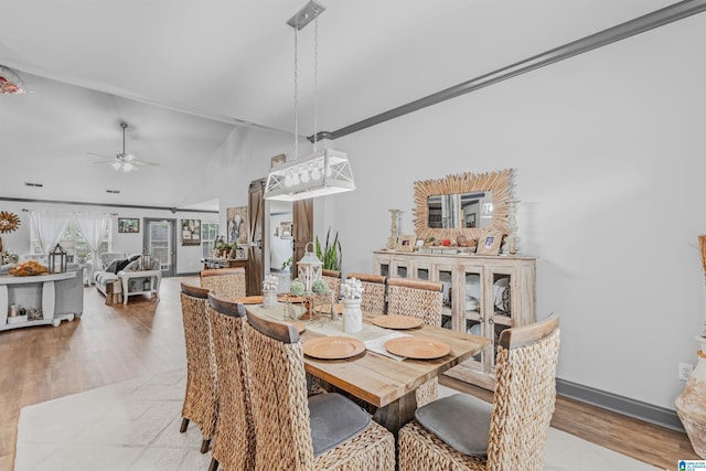 dining space featuring lofted ceiling, visible vents, ceiling fan, and wood finished floors