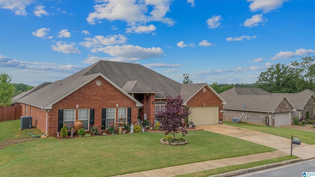 view of front of property with concrete driveway, brick siding, cooling unit, and a garage