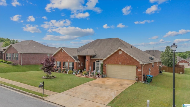 view of front facade with roof with shingles, concrete driveway, brick siding, a front yard, and a garage