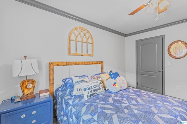 bedroom with crown molding and a ceiling fan