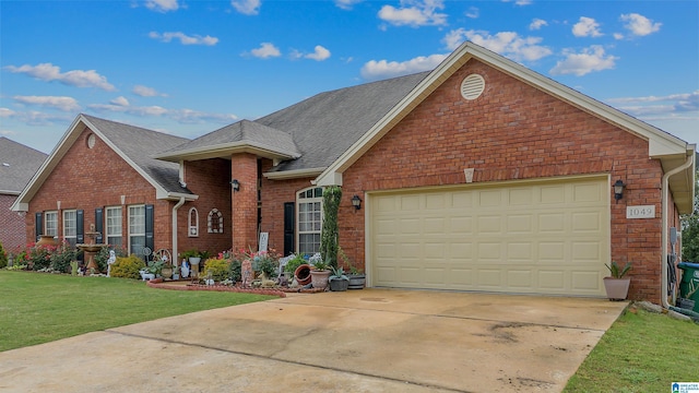 traditional-style house featuring brick siding, a garage, driveway, a front yard, and roof with shingles