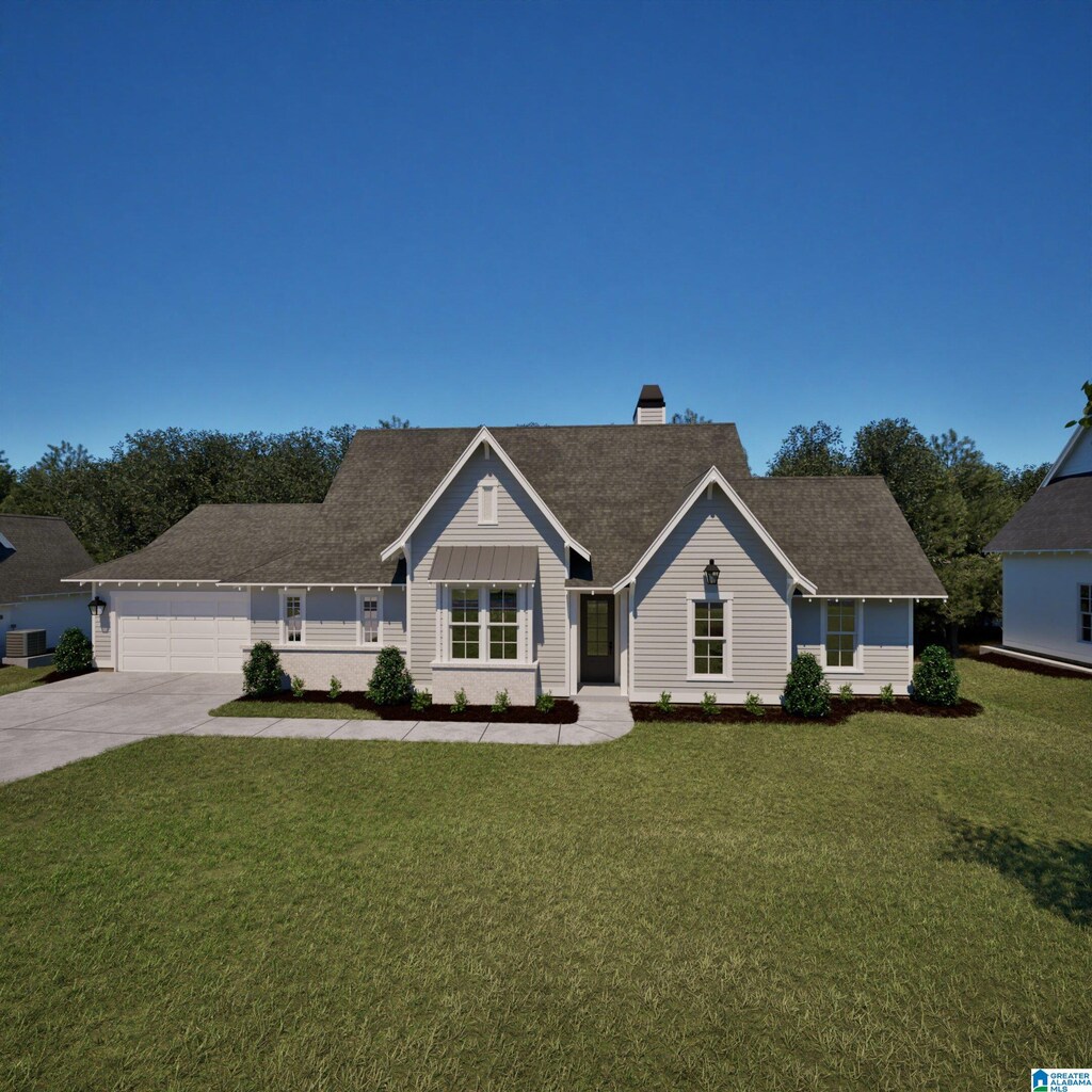 single story home featuring a garage, a chimney, a front yard, and concrete driveway