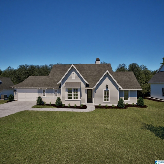 single story home featuring a garage, a chimney, a front yard, and concrete driveway