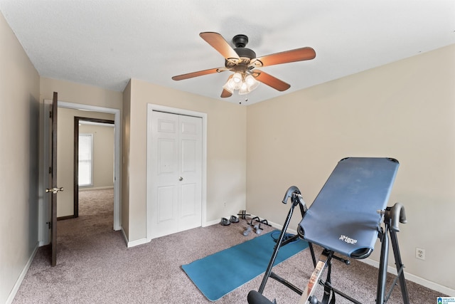 108 Dee Hendrix Rd, Hueytown, AL 35023 - workout room with ceiling fan, baseboards, and carpet flooring