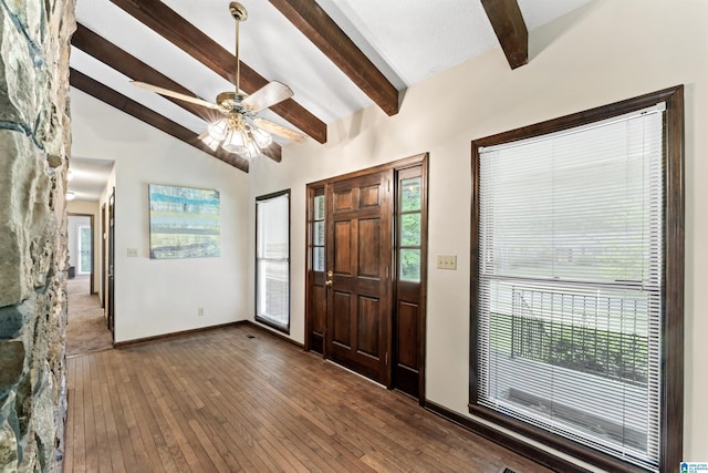 108 Dee Hendrix Rd, Hueytown, AL 35023 - entryway featuring hardwood / wood-style flooring, lofted ceiling with beams, baseboards, and a ceiling fan