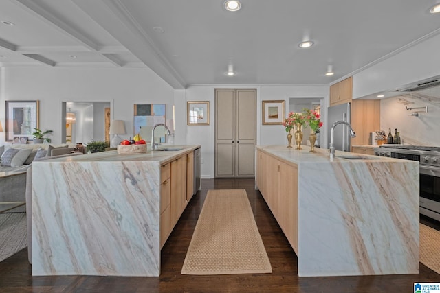 kitchen with a kitchen island with sink, a sink, modern cabinets, light brown cabinets, and appliances with stainless steel finishes