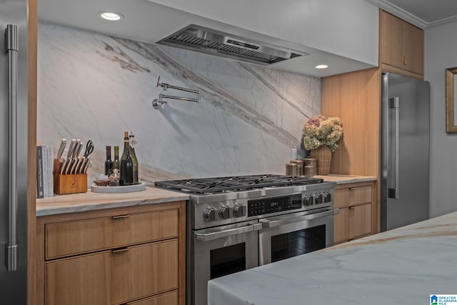 kitchen featuring decorative backsplash, crown molding, appliances with stainless steel finishes, premium range hood, and light stone countertops