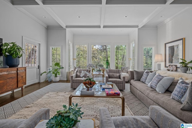 living area featuring recessed lighting, wood finished floors, coffered ceiling, and beamed ceiling