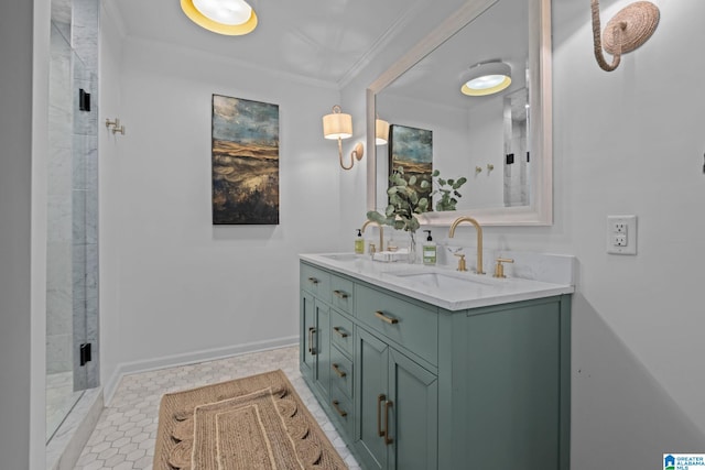 full bathroom featuring ornamental molding, double vanity, a sink, and baseboards