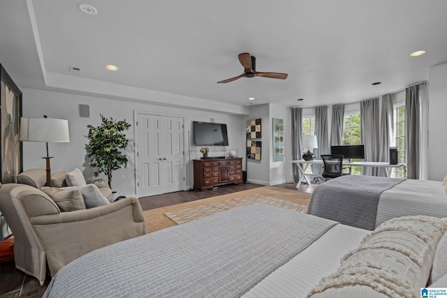 bedroom with recessed lighting, a ceiling fan, visible vents, and wood finished floors