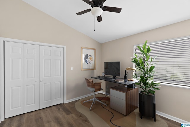 office with lofted ceiling, wood finished floors, a ceiling fan, and baseboards