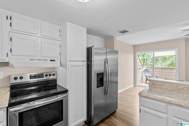 kitchen featuring stainless steel appliances, under cabinet range hood, visible vents, white cabinetry, and light wood-style flooring