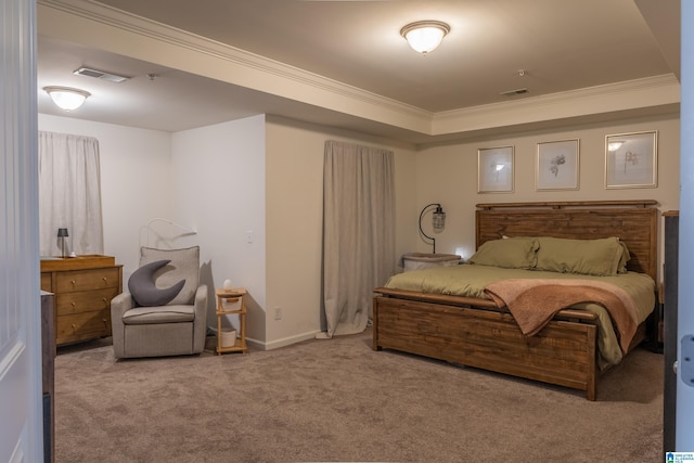 carpeted bedroom featuring crown molding, visible vents, a raised ceiling, and baseboards