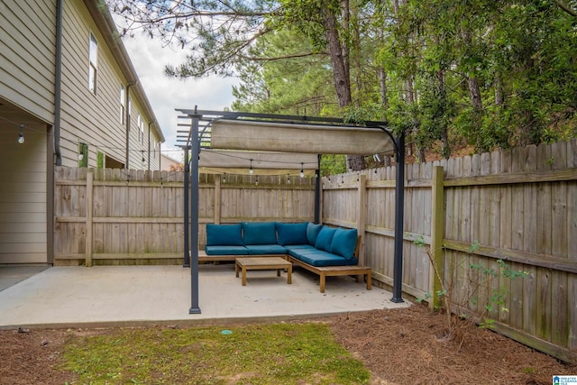view of patio / terrace featuring a pergola and a fenced backyard