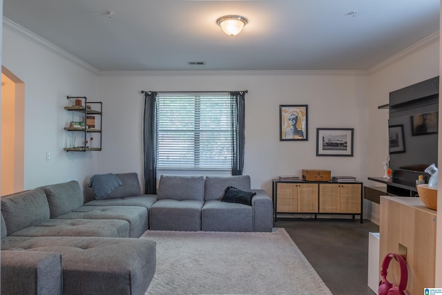 living room with ornamental molding and visible vents