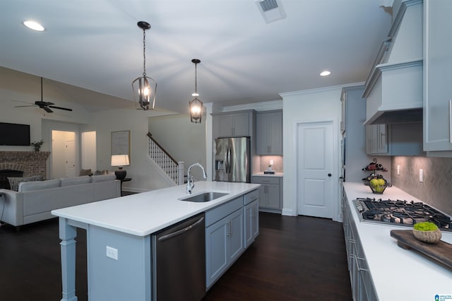 kitchen featuring tasteful backsplash, appliances with stainless steel finishes, a sink, visible vents, and open floor plan