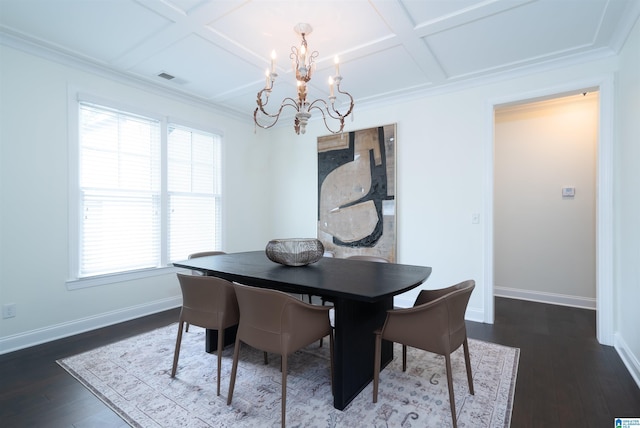dining space with coffered ceiling, a notable chandelier, dark wood-style flooring, and baseboards