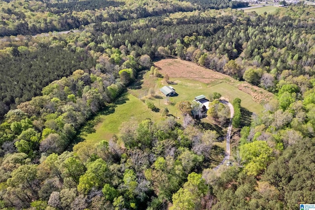 birds eye view of property featuring a forest view