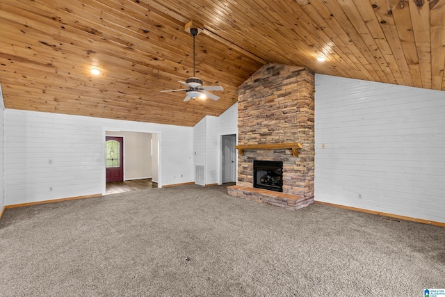 unfurnished living room with wooden ceiling, baseboards, a ceiling fan, and carpet flooring