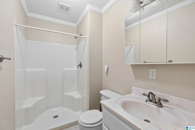 bathroom featuring toilet, crown molding, visible vents, and walk in shower