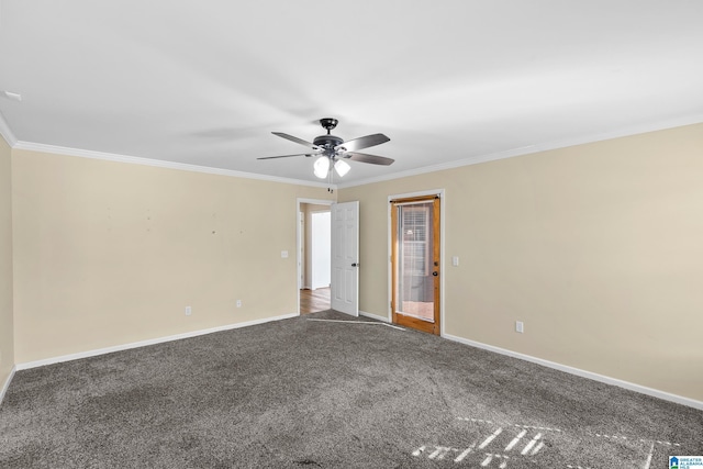 unfurnished room with ceiling fan, baseboards, carpet flooring, and ornamental molding
