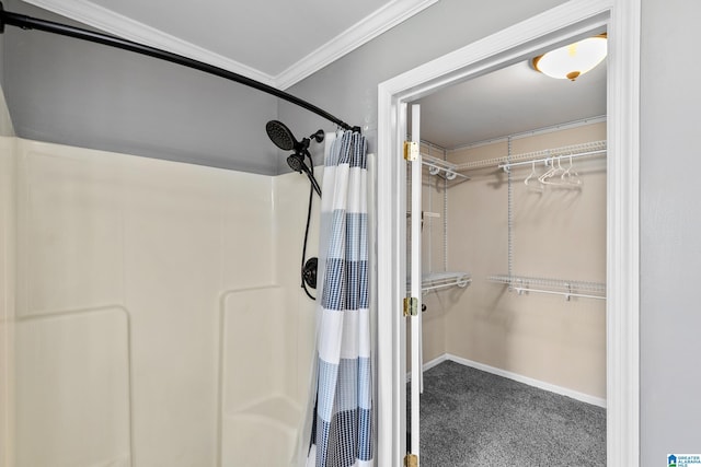 full bathroom featuring baseboards, a shower with shower curtain, a walk in closet, and crown molding