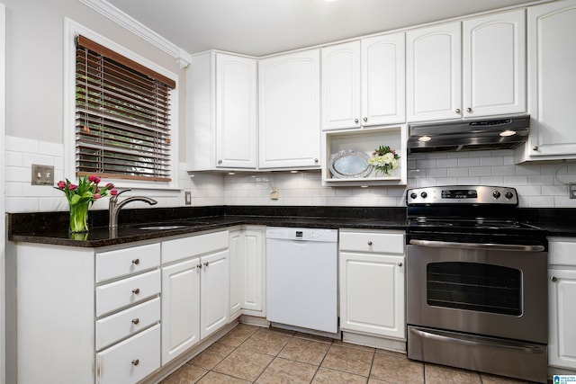 2005 Southwood Rd, Vestavia Hills, AL 35216 - kitchen with a sink, under cabinet range hood, white dishwasher, stainless steel range with electric cooktop, and white cabinets