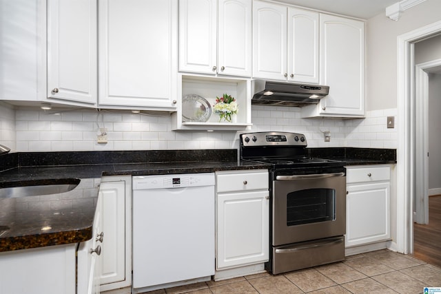 2005 Southwood Rd, Vestavia Hills, AL 35216 - kitchen featuring electric stove, white cabinets, white dishwasher, and under cabinet range hood