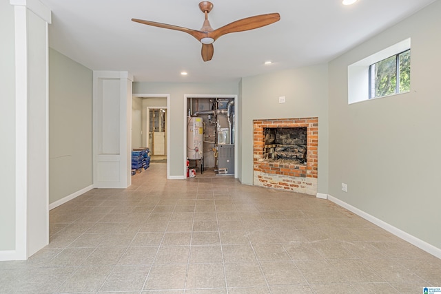 2725 Shades Crest Rd, Vestavia Hills, AL 35216 - unfurnished living room with a fireplace, water heater, ceiling fan, and tile patterned floors