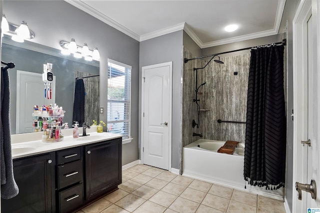 full bath with tile patterned floors, shower / bathtub combination with curtain, double vanity, ornamental molding, and a sink