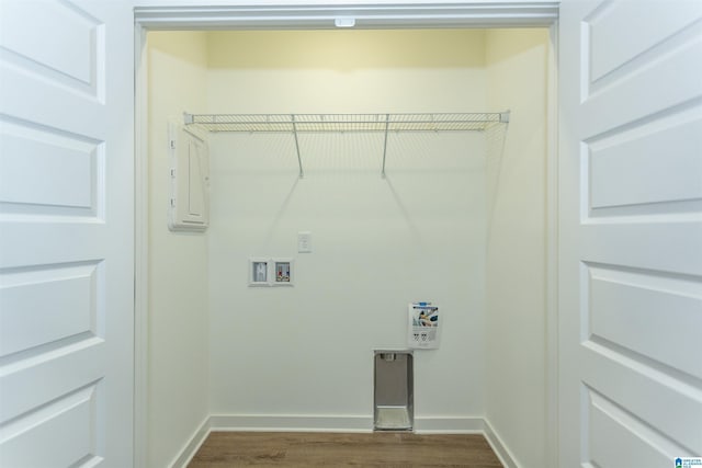 1102 Windsor Sq, Birmingham, AL 35242 - laundry area featuring baseboards, dark wood-type flooring, laundry area, and washer hookup