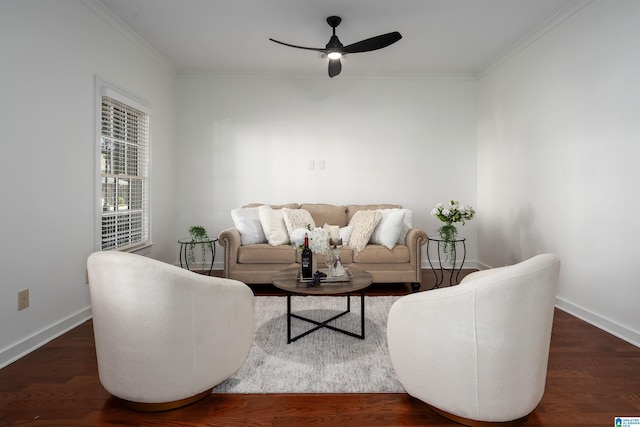 2385 Village Center St, Hoover, AL 35226 - living room with baseboards, ornamental molding, ceiling fan, and wood finished floors
