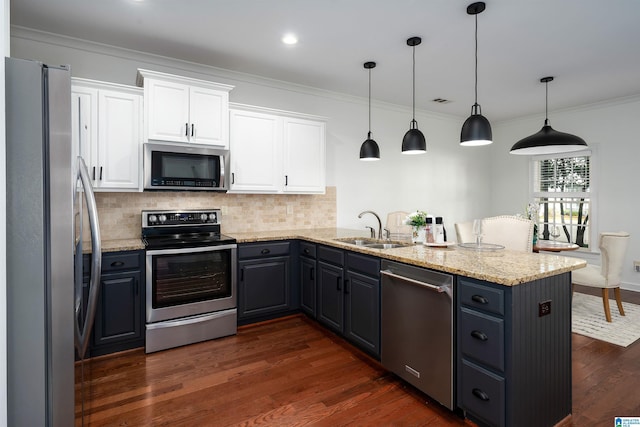 2385 Village Center St, Hoover, AL 35226 - kitchen with a sink, a peninsula, backsplash, stainless steel appliances, and white cabinets