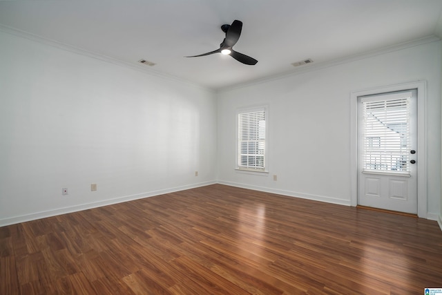 2385 Village Center St, Hoover, AL 35226 - unfurnished room with ornamental molding, dark wood-type flooring, visible vents, ceiling fan, and baseboards