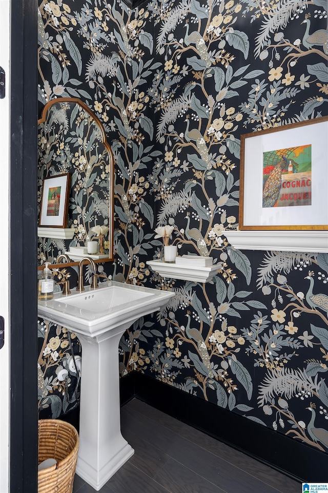 1904 Blackridge Rd, Hoover, AL 35244 - bathroom featuring wallpapered walls and wood finished floors