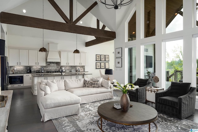 1904 Blackridge Rd, Hoover, AL 35244 - living area featuring recessed lighting, high vaulted ceiling, beamed ceiling, and dark wood finished floors