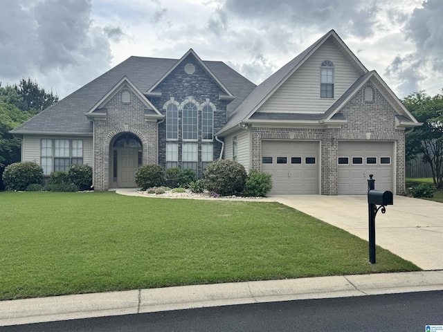 view of front of property featuring concrete driveway, a front lawn, and brick siding