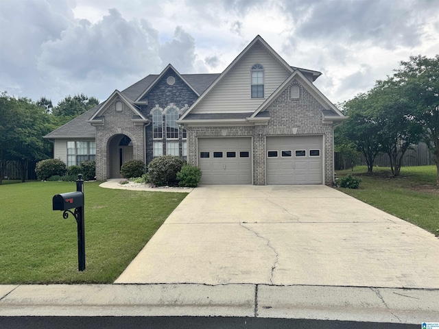 view of front facade featuring brick siding, an attached garage, driveway, and a front yard