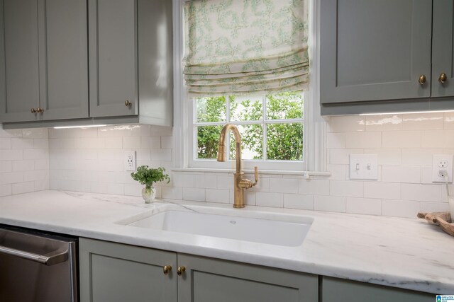 kitchen with decorative backsplash, gray cabinetry, stainless steel dishwasher, and a sink