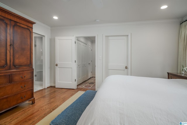 bedroom featuring ornamental molding, recessed lighting, baseboards, and light wood-type flooring