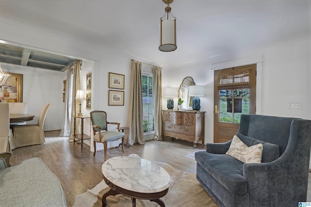 living room with ornamental molding and wood finished floors