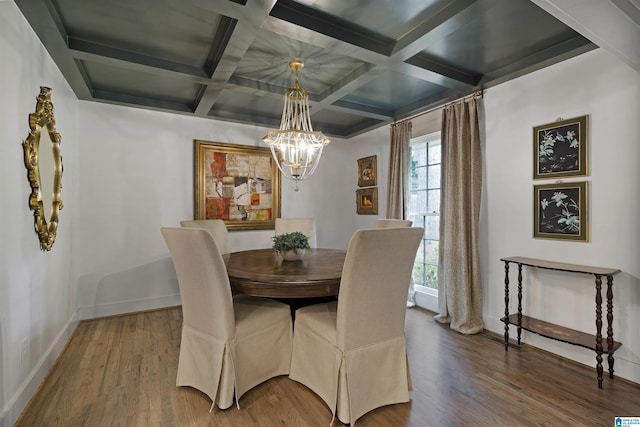 dining room with an inviting chandelier, baseboards, wood finished floors, beamed ceiling, and coffered ceiling