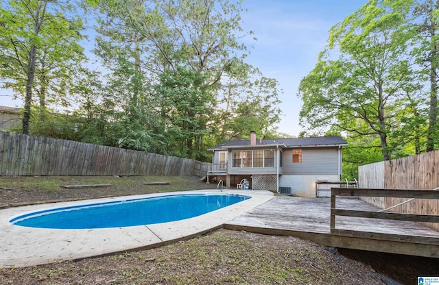 view of pool with a wooden deck, a fenced backyard, and a fenced in pool