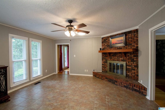 unfurnished living room with crown molding, visible vents, and a healthy amount of sunlight